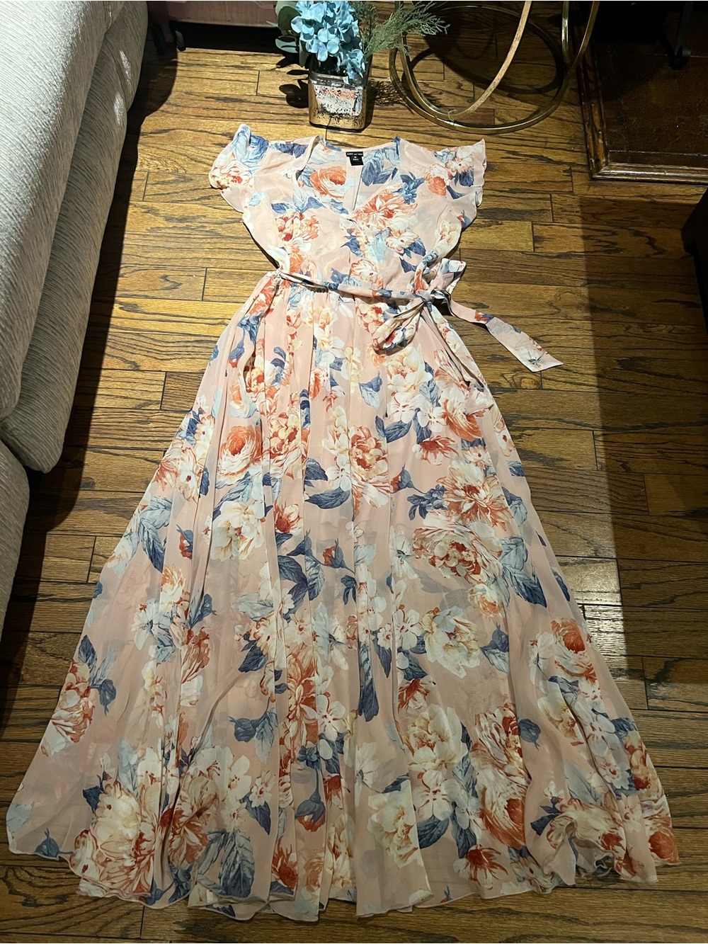 Blush Floral Maxi Dress with Tie Waist